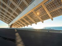 a skate boarder riding underneath the sun - streaked structure of a bridge at sunset