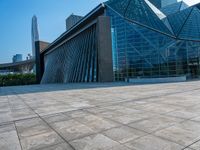 a skateboarder is standing in front of a building with a glass windowed facade