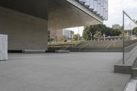 the skateboarder is going up the steps near the building where it stands the other direction