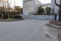 a skateboarder on the street near a building with several windows on both sides