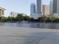 a skateboarder on a cement surface overlooking the water and tall buildings in a city