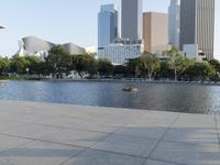 a skateboarder on a cement surface overlooking the water and tall buildings in a city