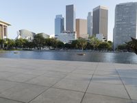 a skateboarder on a cement surface overlooking the water and tall buildings in a city