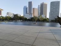 a skateboarder on a cement surface overlooking the water and tall buildings in a city