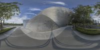 a skateboarder riding on a ramp near trees with circular shadows of two people on it