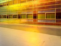 a skateboarder is riding in front of a glass building with lights on it