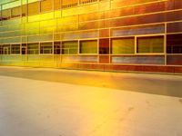 a skateboarder is riding in front of a glass building with lights on it