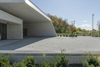 a skateboarder rides on an empty parking lot between trees and bushes in front of a building