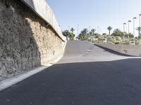 a man on a skateboard does a trick down a road that has some concrete