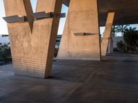 a skateboarder does a trick near a large structure and palm trees outside a building