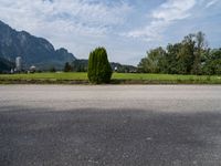 a person riding a skateboard on the pavement and looking up at a mountain range