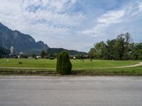 a person riding a skateboard on the pavement and looking up at a mountain range