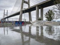 a group of skateboarders performing tricks near the bridge over the water and graffiti