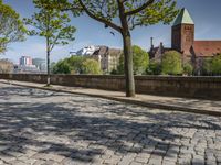 a person on a skateboard is on the brick walkway, passing other people with the city in the distance