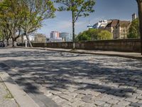 a person on a skateboard is on the brick walkway, passing other people with the city in the distance