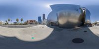 a skateboarder does tricks in the city park with some buildings behind him and palm trees