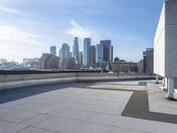 a man that is holding a skateboard up to a wall in the city of skyscrapers