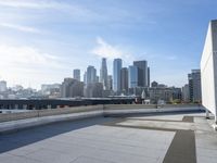 a man that is holding a skateboard up to a wall in the city of skyscrapers