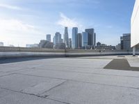 a man that is holding a skateboard up to a wall in the city of skyscrapers