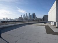 a man that is holding a skateboard up to a wall in the city of skyscrapers