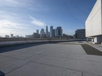 a man that is holding a skateboard up to a wall in the city of skyscrapers