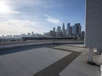 a man that is holding a skateboard up to a wall in the city of skyscrapers