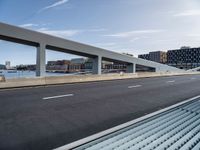 a person is riding a skateboard over a bridge near a cityscape and buildings