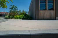 a person on a skateboard stands in an enclosed space near some flowers and bushes