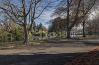 a person riding a skateboard next to a lake and trees with no leaves on it