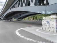 the skateboarder is skateboarding under a bridge with graffiti written underneath it,