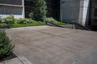 a skateboarder rides in a very concrete space with plants on it's sides
