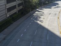 a person riding a skateboard on a sidewalk next to a tall building and trees