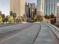 a skateboarder is riding along the empty city street in front of the skyscrapers