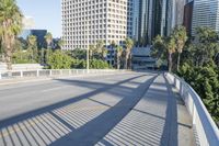 a skateboarder is riding along the empty city street in front of the skyscrapers
