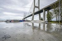 a skateboarder is sitting in front of a bridge in the rain with his skateboard in hand