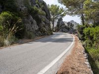 a person riding their skateboard down a winding road surrounded by cliffs and trees at the side of a hill