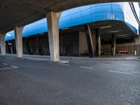 a man skateboarding down a paved road under a highway overpasses with a blue roof