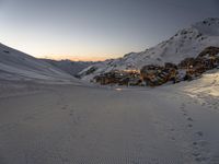 the ski slopes are in a row and there is no snow on the ground at sunset