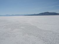 a group of people riding snow skis on top of a salt flat surface,