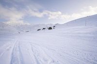 skis are lined up along the snowy slopes on a mountaintop with a ski lift in the background