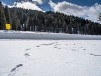 a person wearing skis on a snow covered field in the woods above mountains with a sign that reads beware of all others