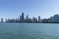 the large body of water near many city buildings and a beach on each side of it