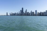 the large body of water near many city buildings and a beach on each side of it