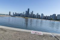 the large body of water near many city buildings and a beach on each side of it