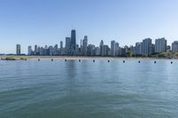 the large body of water near many city buildings and a beach on each side of it