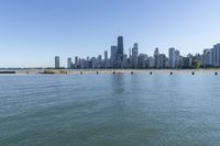 the large body of water near many city buildings and a beach on each side of it