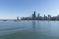 the large body of water near many city buildings and a beach on each side of it