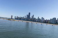 the large body of water near many city buildings and a beach on each side of it