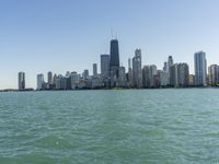 the large body of water near many city buildings and a beach on each side of it