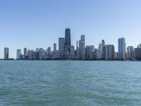 the large body of water near many city buildings and a beach on each side of it